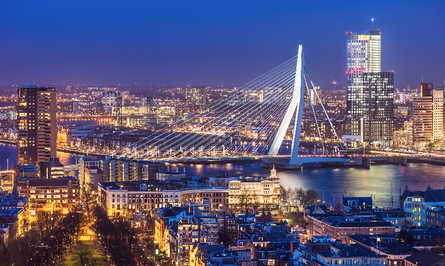 Rotterdam skyline with Erasmus bridge at twilight as seen from the Euromast tower, The Netherlands