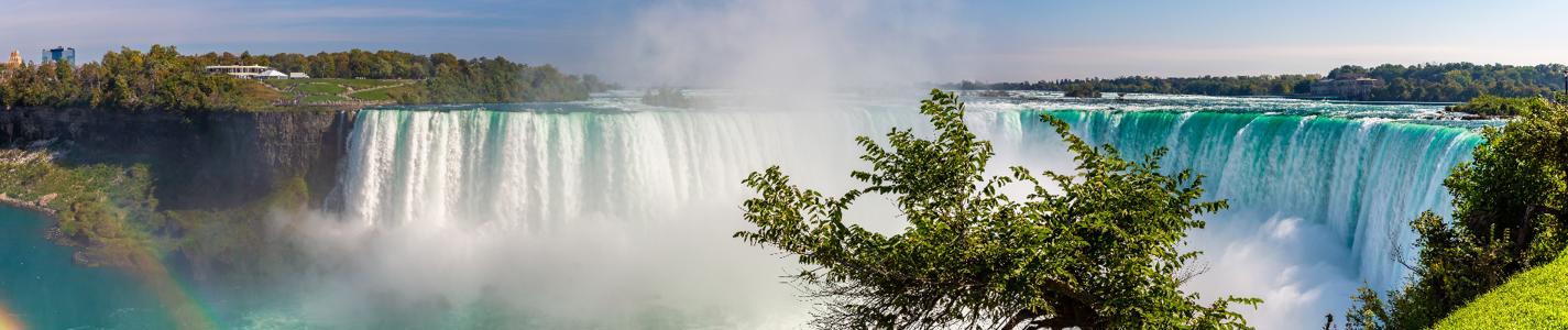 Panorama of Canadian side view of Niagara Falls, Horseshoe Falls and boat tours in Niagara Falls, Ontario, Canada